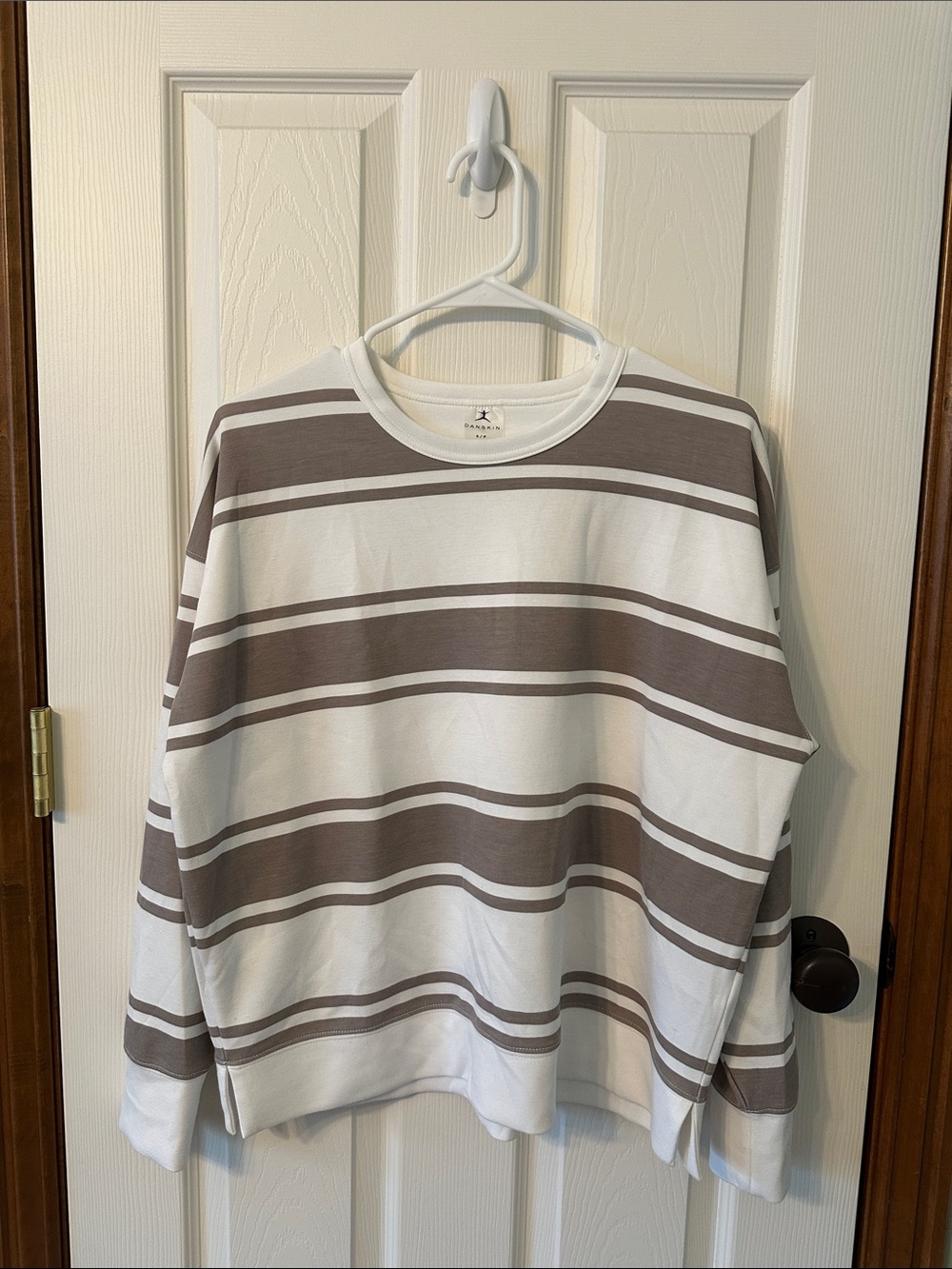 Danskin White and Brown Striped Long Sleeve Crewneck